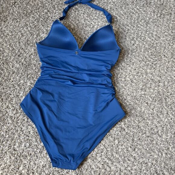 Victoria Secret Forever One Piece Swimsuit Size M Ruched Blue Halter Sexy New - Picture 5 of 8